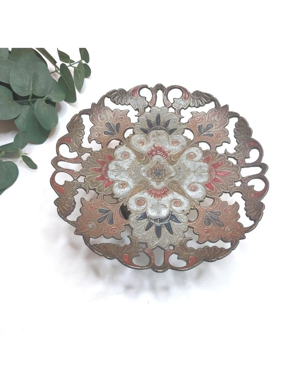Vintage Brass Enameled Pedestal Bowl Floral Cutout 8" Penco Industries India